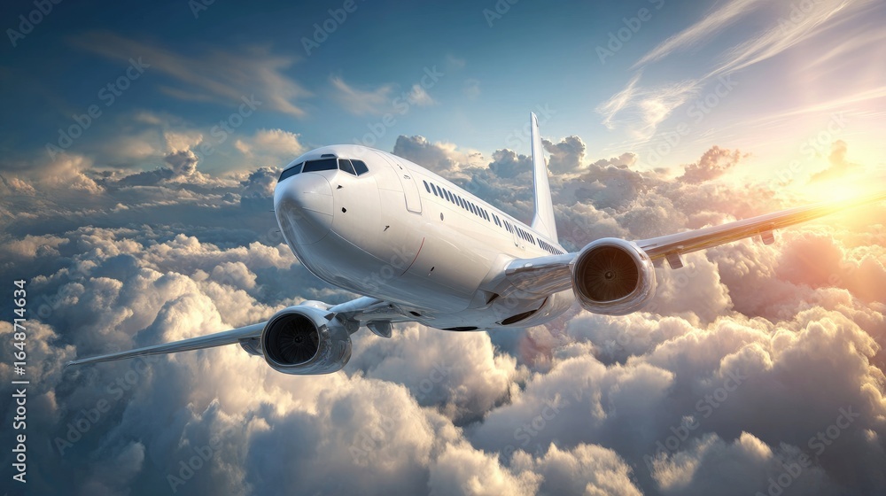 Jetliner soaring through clouds at sunset Jetliner soaring through clouds at sunset