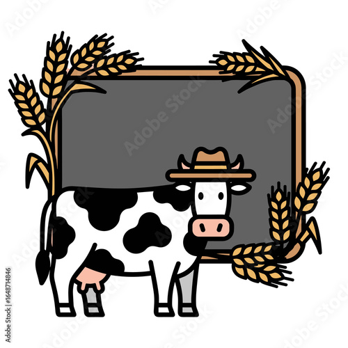 Rural Cartoon Cow Character with Cowboy Hat, Chalkboard, and Wheat