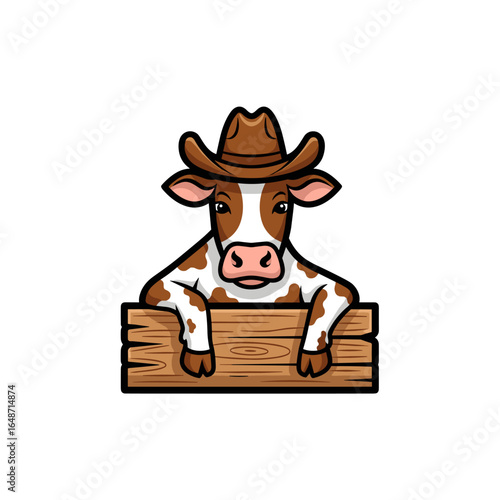 Cute Cartoon Cow Character in Cowboy Hat Peeking Over Wooden Fence