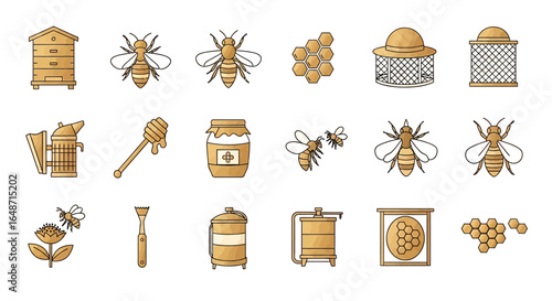 A set of golden brown beekeeping and apiculture icons, including bees, beehive, honeycomb, and apiary equipment.