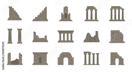 A vector set of ancient Greek and Roman architectural ruins. Cracked stone columns, crumbling walls, and broken arches illustrate historical decay.