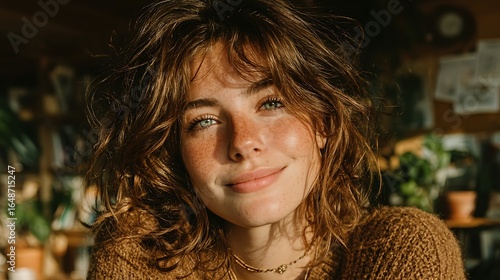 A radiant young woman with bright eyes and a warm smile poses in a cozy indoor setting, showcasing natural beauty and a joyful spirit.