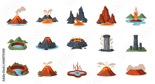 A vibrant collection of stylized volcano and geyser icons showing eruptions, lava flows, and steam vents.
