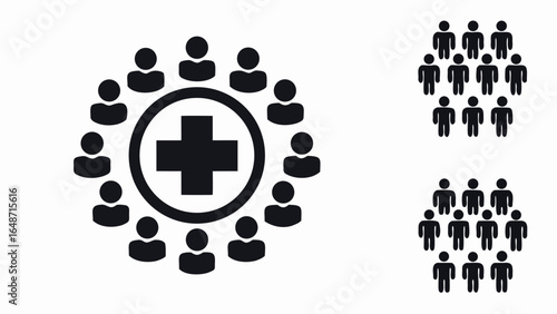 Illustration showing a group of people surrounding a medical cross and two groups of people standing | editable eps vectors
