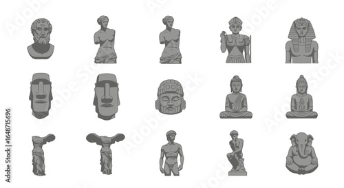 Ancient World Statues Collection: Iconic Historical Sculptures in Grayscale Vector Art