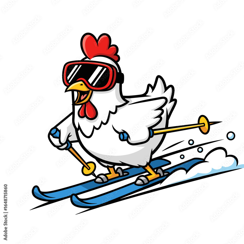 Fototapeta premium Cartoon Chicken Skiing in Snow Vector Illustration