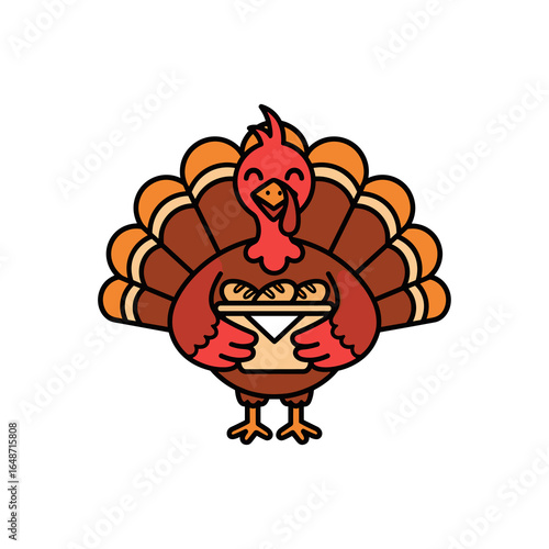 Cartoon Turkey Holding Basket of Bread Rolls Vector Illustration