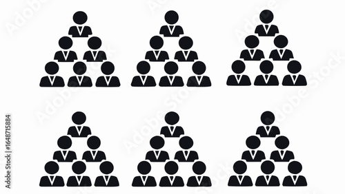 Illustration showing six triangular arrangements of business people in a hierarchical structure setup | editable eps vectors