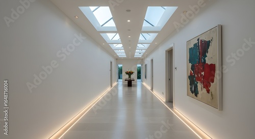 Bright white hallway with tile texture features minimalist design, and soft lighting, ideal for interior design, architectural renderings or presentations.
