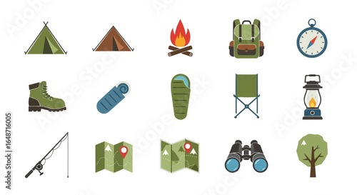 Assortment of Camping and Outdoor Adventure Gear Icons