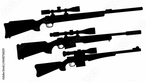 Silhouette depiction of three rifles equipped with scopes in a stacked arrangement on a white backdrop | editable eps vectors