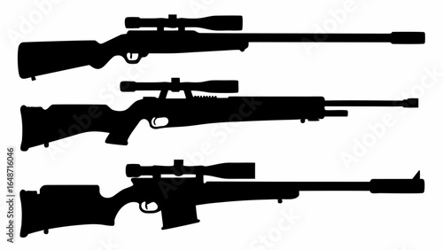 Silhouette depiction showcasing three rifles each equipped with scopes in a stacked arrangement design | editable eps vectors