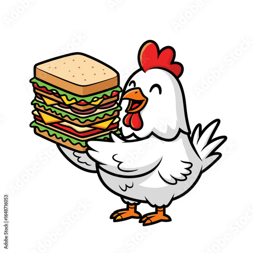 Hungry Cartoon White Chicken Holding a Giant Stacked Sandwich Vector Illustration