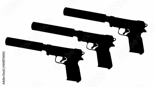Three black silhouette pistols with suppressors pointing diagonally on a white background are visible | editable eps vectors