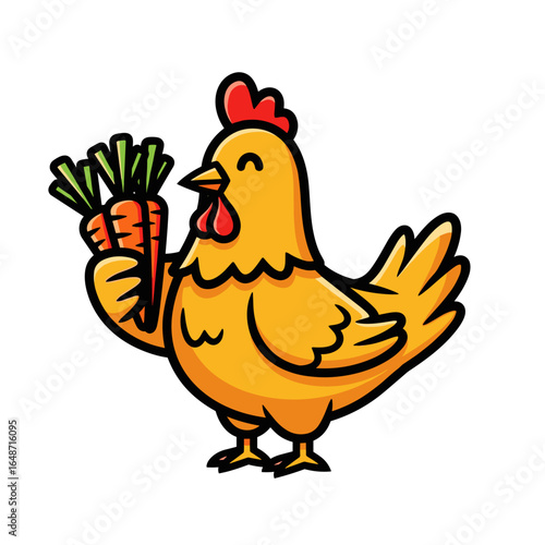 Healthy Cartoon Yellow Chicken Holding Fresh Carrots Vector Illustration