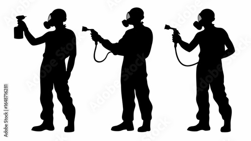 Three silhouettes of people wearing hazmat suits and gas masks holding sprayers in a black and white image | editable eps vectors