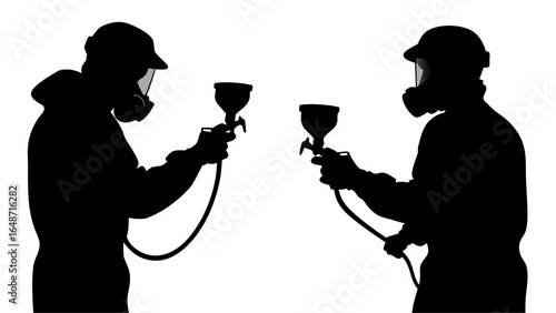 Two silhouetted figures wearing protective gear and holding spray guns against a white background space | editable eps vectors
