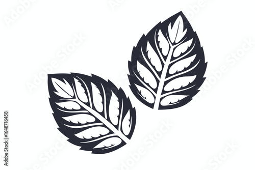 Two Mint Leaves Silhouette, Herbal Plant, Isolated Illustration,White Background