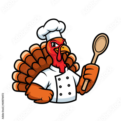Determined Cartoon Chef Turkey Holding a Wooden Spoon