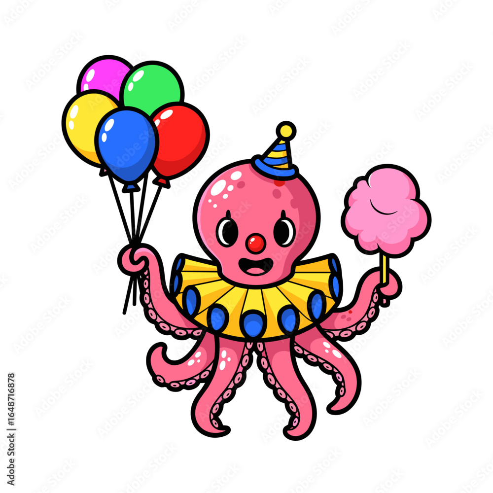 Obraz premium Cartoon Pink Octopus Clown with Balloons and Cotton Candy