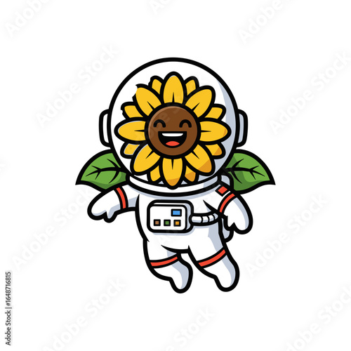 Cute Cartoon Sunflower Astronaut Floating in Space