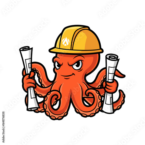 Cartoon Octopus Engineer Architect with Hard Hat Blueprints