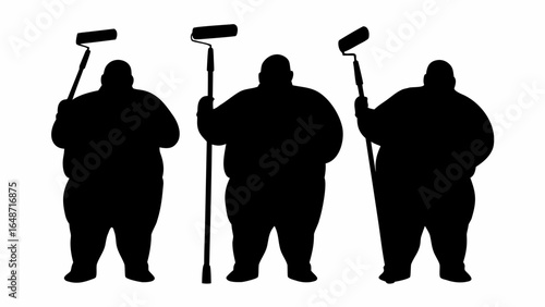 Three silhouettes of overweight men holding paint rollers in a black and white simple illustration | editable eps vectors