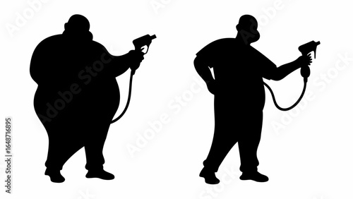 Two silhouettes of men holding spray guns with attached hoses in a black and white illustration | editable eps vectors