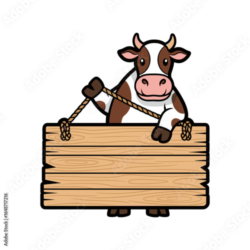 Cute Cartoon Cow Holding a Hanging Wooden Blank Signboard, Ideal for Farm or Dairy Product Promotion