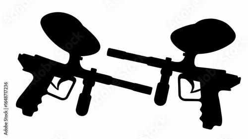 Two paintball guns in black silhouette facing opposite directions on a white background visible clearly | editable eps vectors