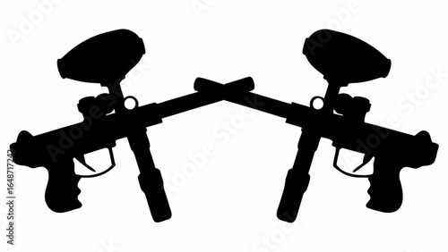 Two crossed paintball guns in black silhouette against a white background in a symmetrical arrangement | editable eps vectors