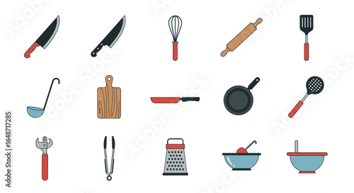 Collection of Colorful Kitchen Utensils and Tools
