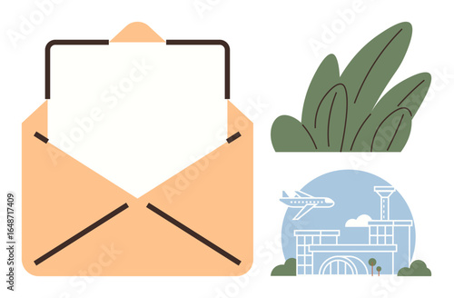 Open envelope containing a blank document, green foliage, and airport terminal with a flying airplane. Ideal for communication, travel, mail, correspondence, eco-friendly themes, and transport