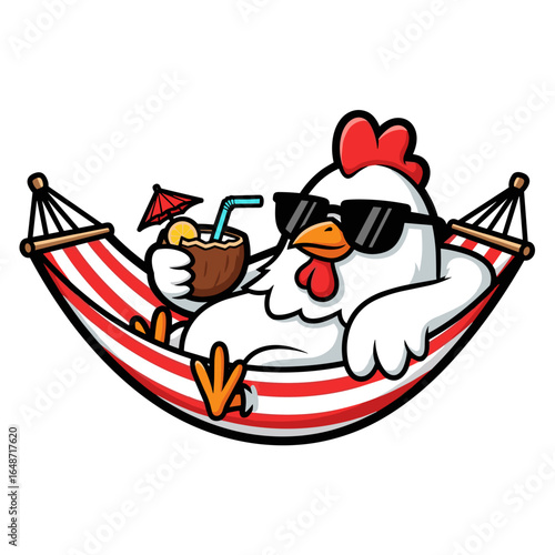 Relaxed Cartoon Chicken in Hammock with Tropical Coconut Drink