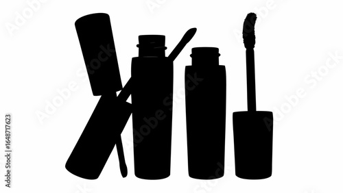 Silhouette depiction showcases an assortment of mascara tubes and applicators in striking black and white | editable eps vectors