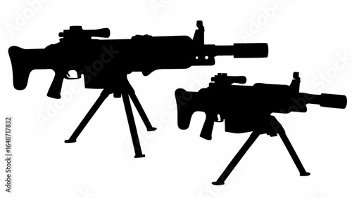Silhouette depiction of two machine guns mounted on tripods against a white background view from the side | editable eps vectors