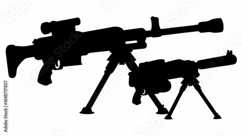 Silhouette depiction of two sniper rifles mounted on bipods with scopes and suppressors in black | editable eps vectors