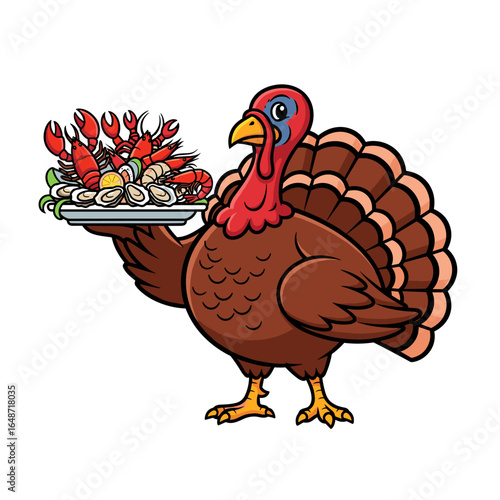 Cartoon Turkey Character Serving a Platter of Fresh Seafood Illustration