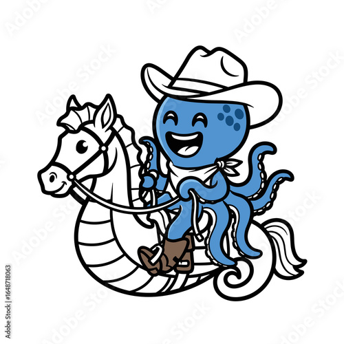 Cute Cartoon Octopus Cowboy Riding a Seahorse Illustration