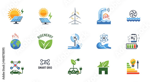 Collection of Flat-Style Renewable Energy Icons: Solar, Wind, Hydro, Bioenergy, and Hydrogen Power