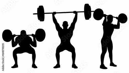 Silhouette of three weightlifters performing different lifts with barbells on a white background image | editable eps vectors