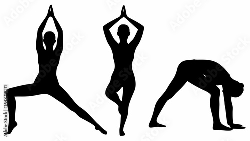 Silhouettes of women performing various yoga poses including warrior tree and forward bend posture shown | editable eps vectors