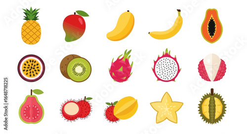 Collection of Flat-Style Tropical Fruit Icons: Pineapple, Mango, Banana, Papaya, Passion Fruit, Kiwi, Dragon Fruit, Lychee, Guava, Rambutan, Star Fruit, Durian