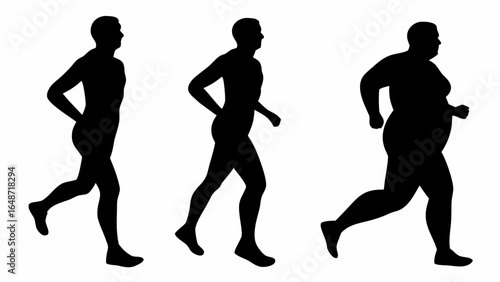 Progression of a man running from athletic to overweight in a black silhouette against a white background | editable eps vectors