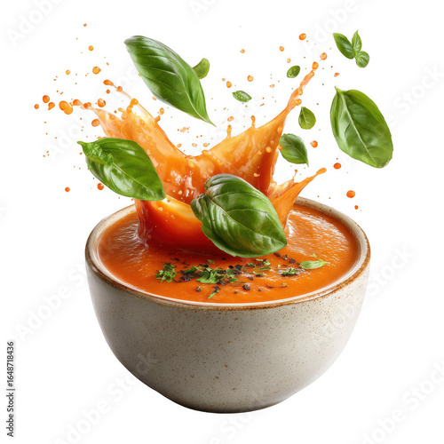  Basil-topped creamy tomato soup splash [Transparent Background PNG]