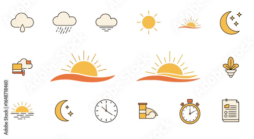 Collection of Minimalist Line Art Weather and Time Icons: Sunrises, Sunsets, Clouds, Rain, Moon, Clock, and Stopwatch