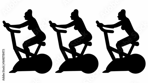 Three silhouettes of women riding stationary exercise bikes in a fitness or gym setting for cardio workout | editable eps vectors