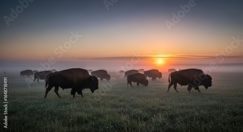 Wallpaper Mural American Bison Herd Grazing in Foggy Meadow at Sunrise Torontodigital.ca