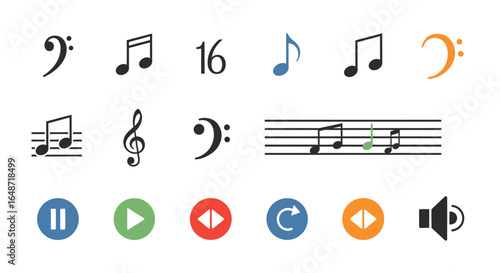 Collection of Musical Symbols and Audio Control Icons in Vector Style