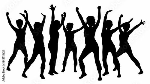 Silhouette of a group of women dancing and celebrating with arms raised in a joyful and energetic manner | editable eps vectors